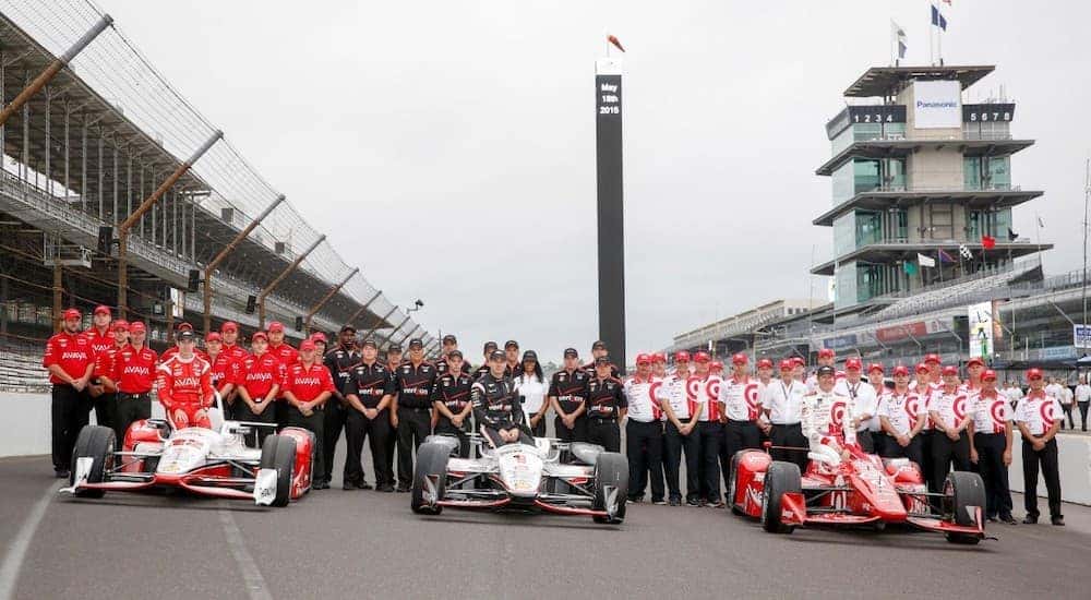 The winning Chevy lineup from the 2015 Indy 500 is shown on the track.