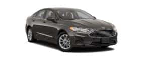 A black 2020 Ford Fusion is facing right.