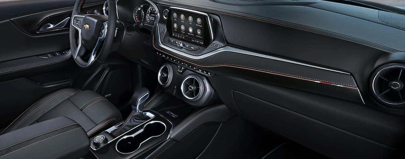 The black interior of a 2020 Chevy Blazer is shown.