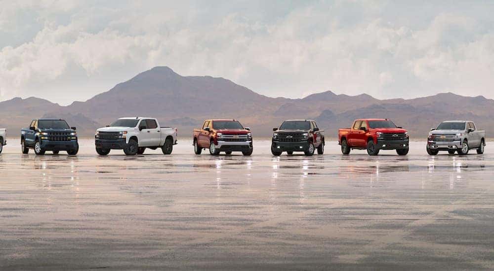 A row of 2021 Chevy Silverados are parked on a runway in front of a mountain.