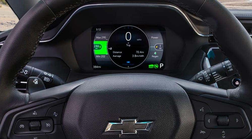 A close up shows the gauge cluster in a 2022 Chevy Bolt EV.