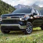 A black 2022 Chevy Silverado 1500 is shown parked in a grassy field.
