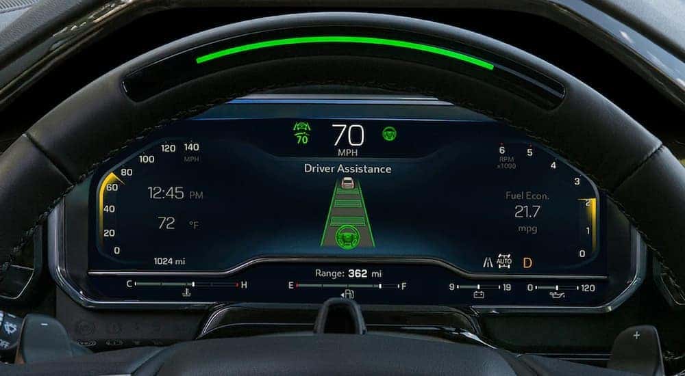 The Super Cruise feature in a 2022 Chevy Silverado 1500 High Country is shown at a Chevrolet Dealer in Atlanta, Georgia.