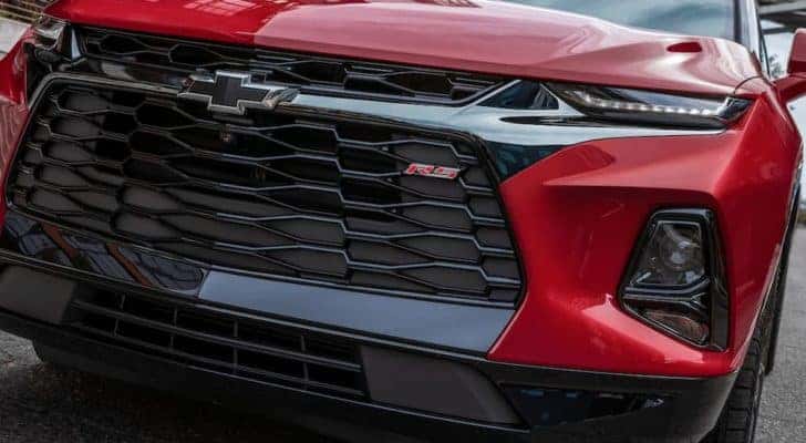 A close up of the grille on a red 2022 Chevy Blazer RS is shown at a Cummings Chevy dealer.