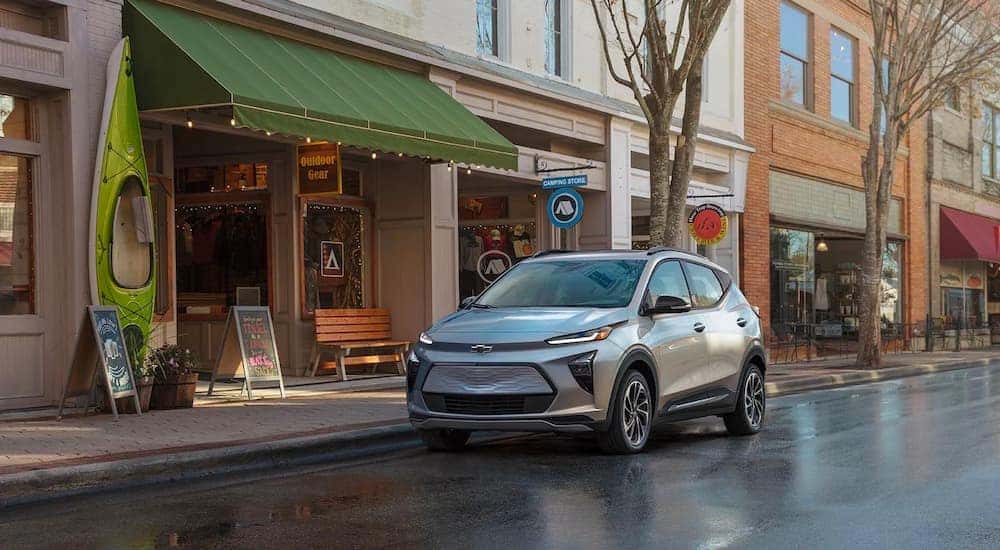 A silver 2022 Chevy Bolt EUV is shown parked on a street after visiting a Cummings Chevy dealer.
