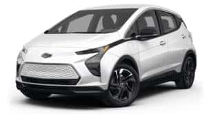 A white 2023 Chevy Bolt EV is shown angled left.