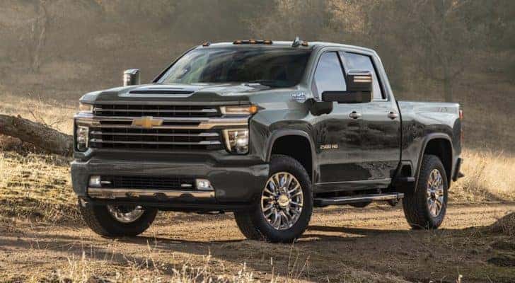 A black 2023 Chevy Silverado 2500 HD is shown from the side parked in a field.