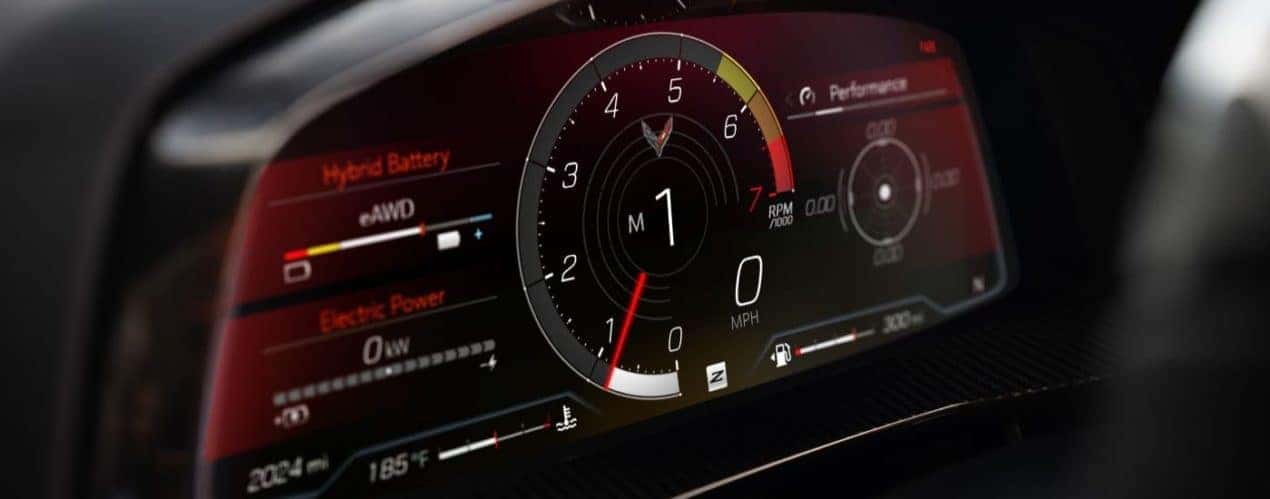 The digital speedometer is shown in a 2024 Chevy Corvette E-Ray 3LZ.