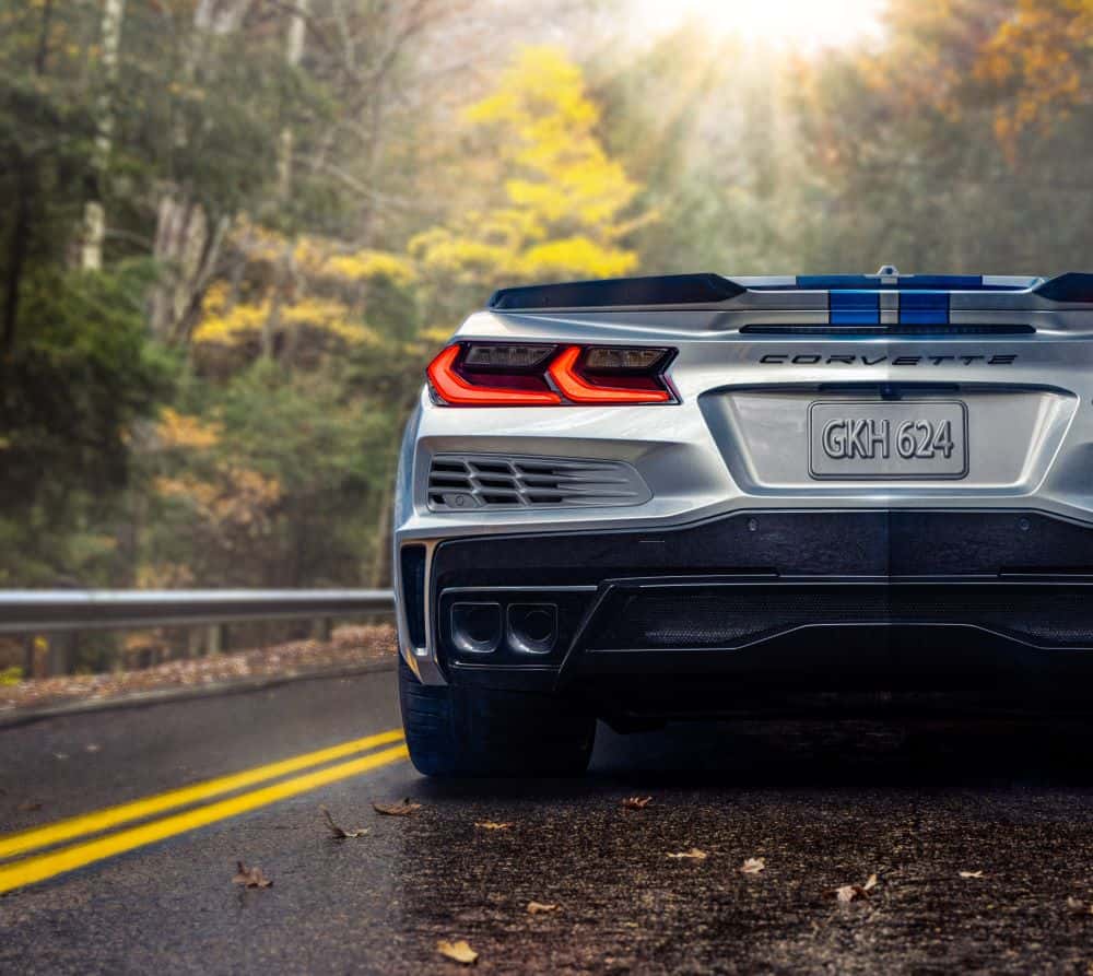 A close up shows the drive side taillight on a silver 2024 Chevy Corvette E-Ray 3LZ.