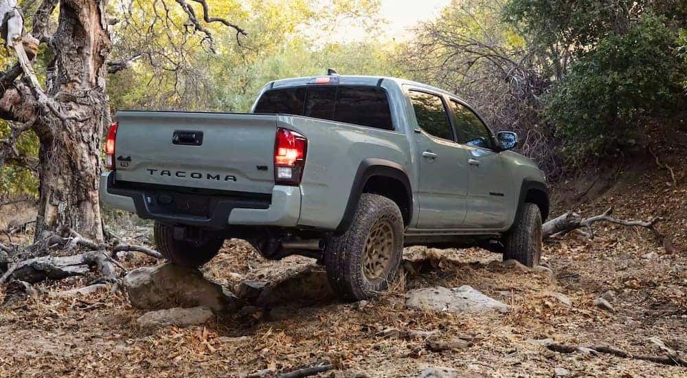 A grey 2022 Toyota Tacoma Trail is shown from the rear at an angle after leaving a dealer that has used trucks for sale near Atlanta.