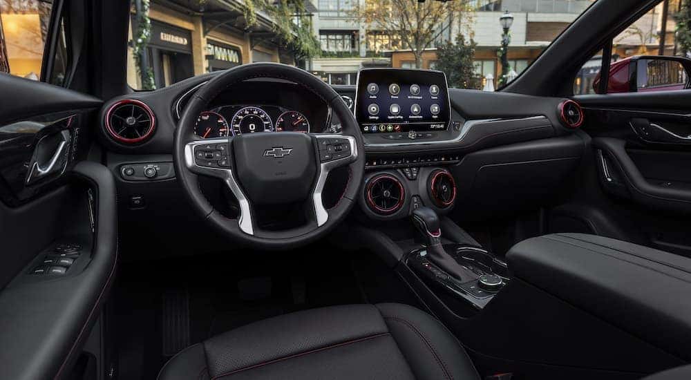 All black interior of a 2023 Chevy Blazer RS shown from the drivers seat