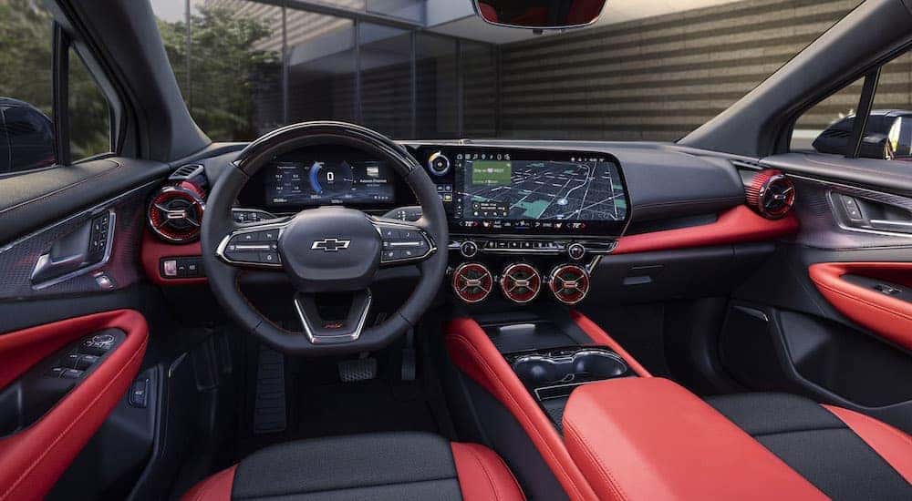 Black and red interior of a 2024 Chevy Blazer EV from the driver's seat view