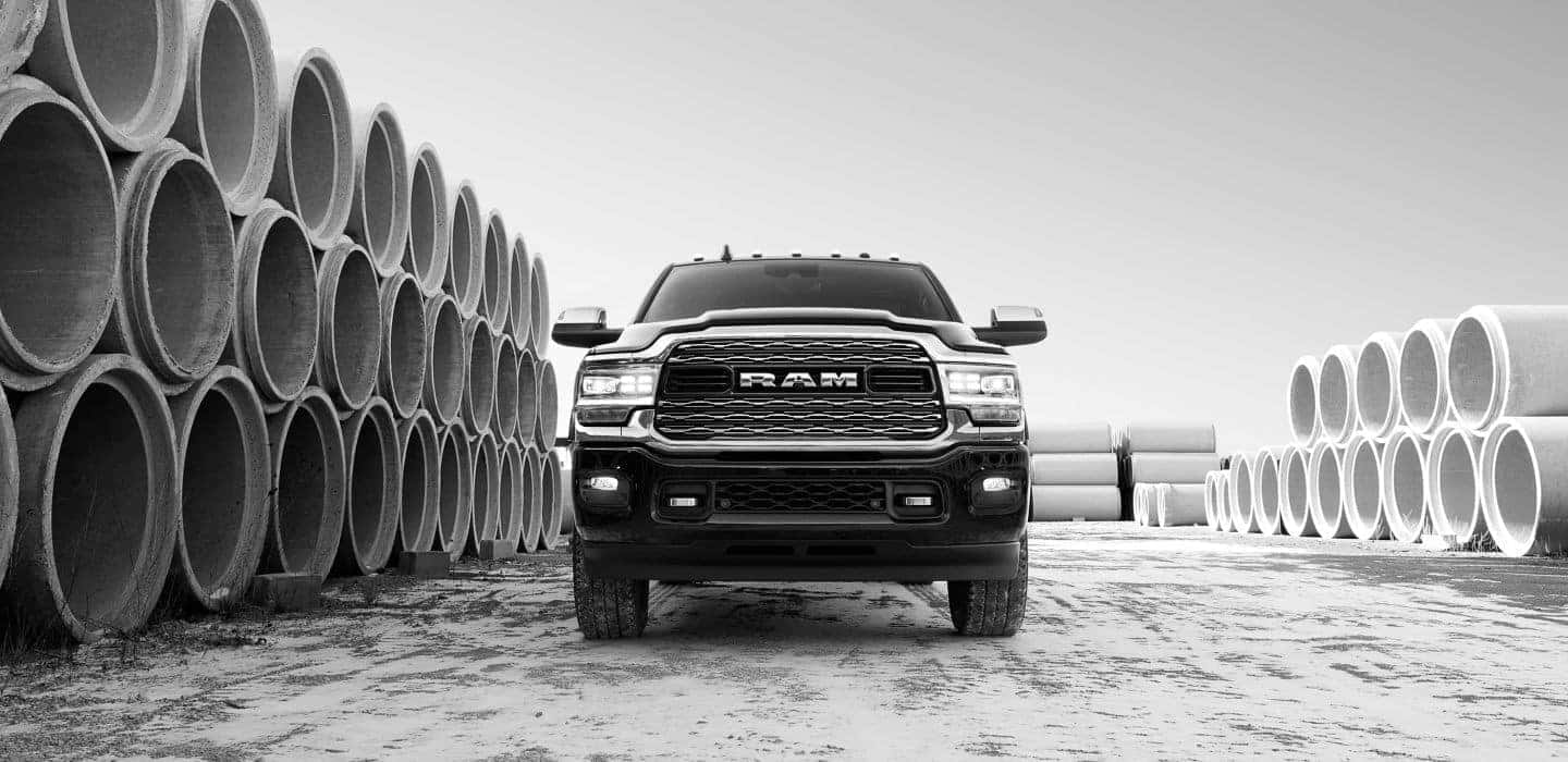 Front view of a black 2020 Ram 2500 at a jobsite