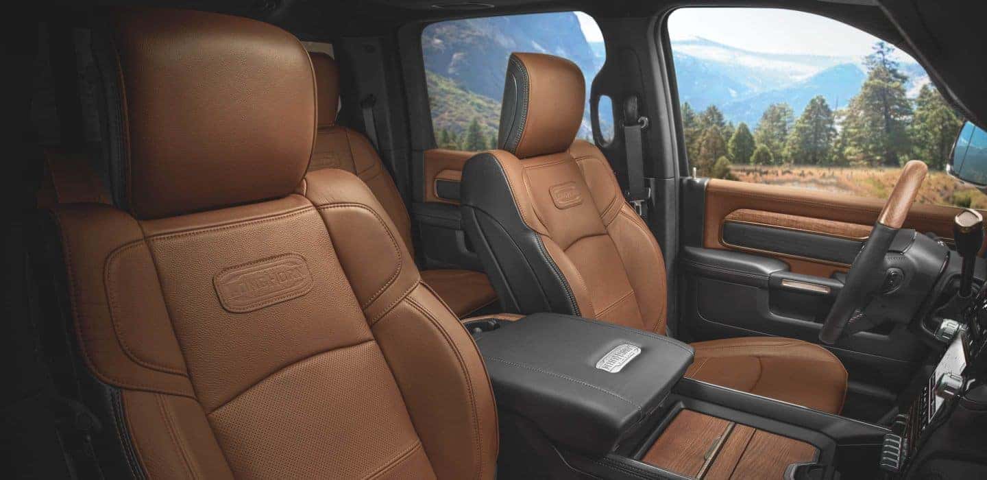 Brown and black leather seats in a 2020 Ram 2500