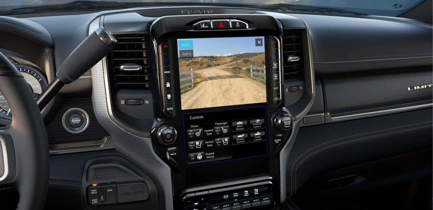 Backup camera on the infotainment screen in a 2020 Ram 2500