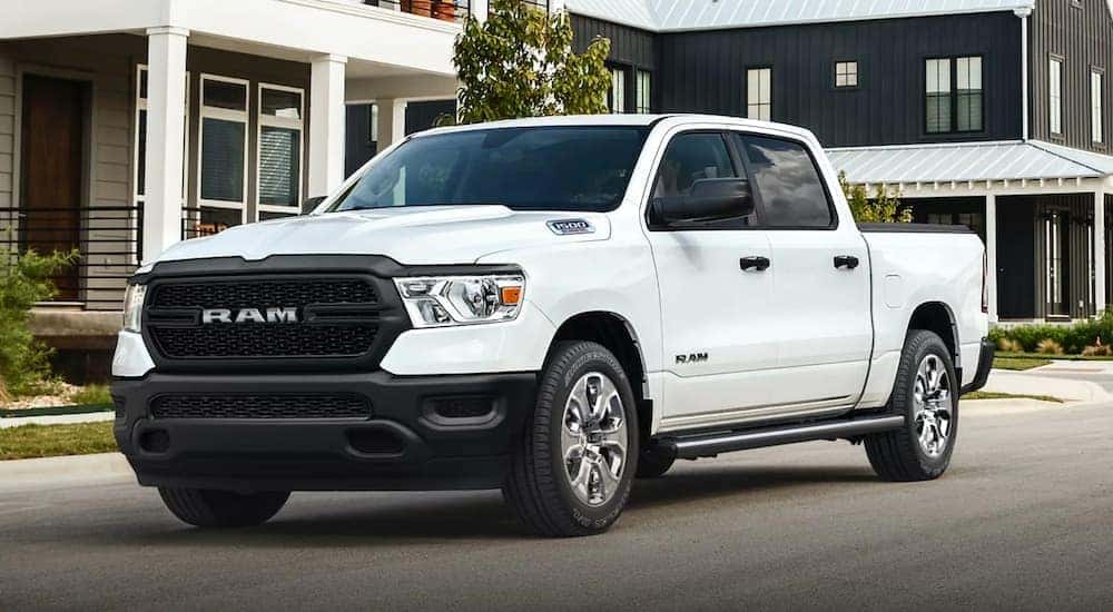 A white 2021 Ram 1500 Tradesman is shown after visiting a Ram dealer in Williston.
