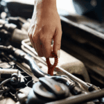 An engineer performing engine service on a vehicle