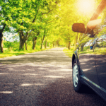 A car driving through a sunny area surrounded by trees