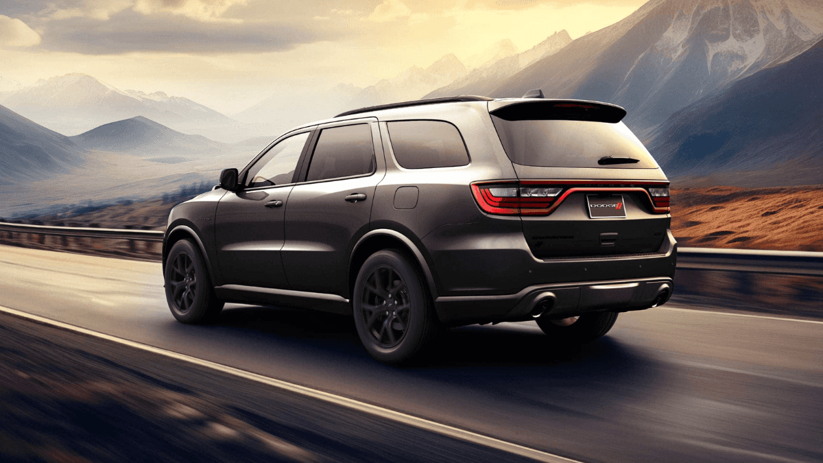 A gray Dodge Durango driving on the road by a hilly desert area