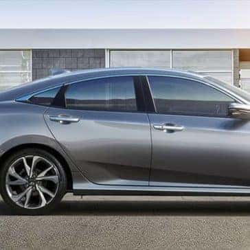 Side view of the door panels on a silver 2019 Honda Civic sedan