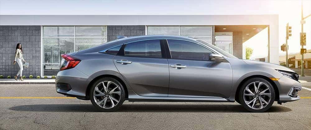Side view of the door panels on a silver 2019 Honda Civic sedan