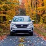 A popular used Honda Pilot for sale, a white 2021 Honda Pilot Black Edition, is shown driving past autumn foliage.