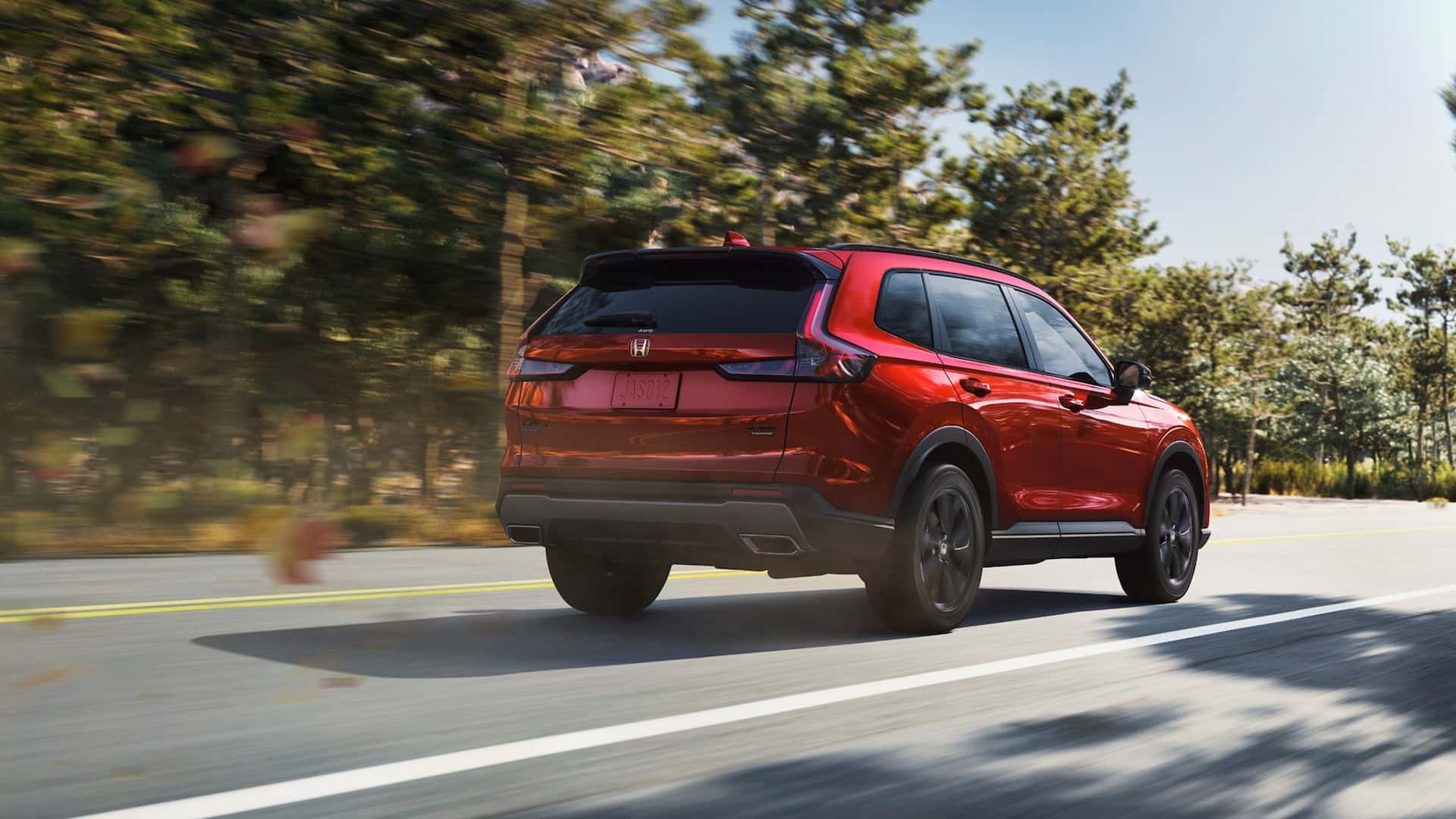 A red Honda CR-V driving down the road by a forest