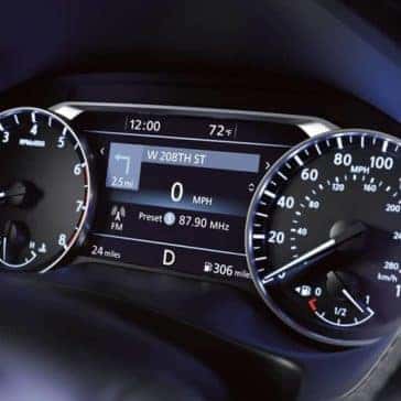 Close up of the information cluster behind the steering wheel of a 2020 Nissan Altima