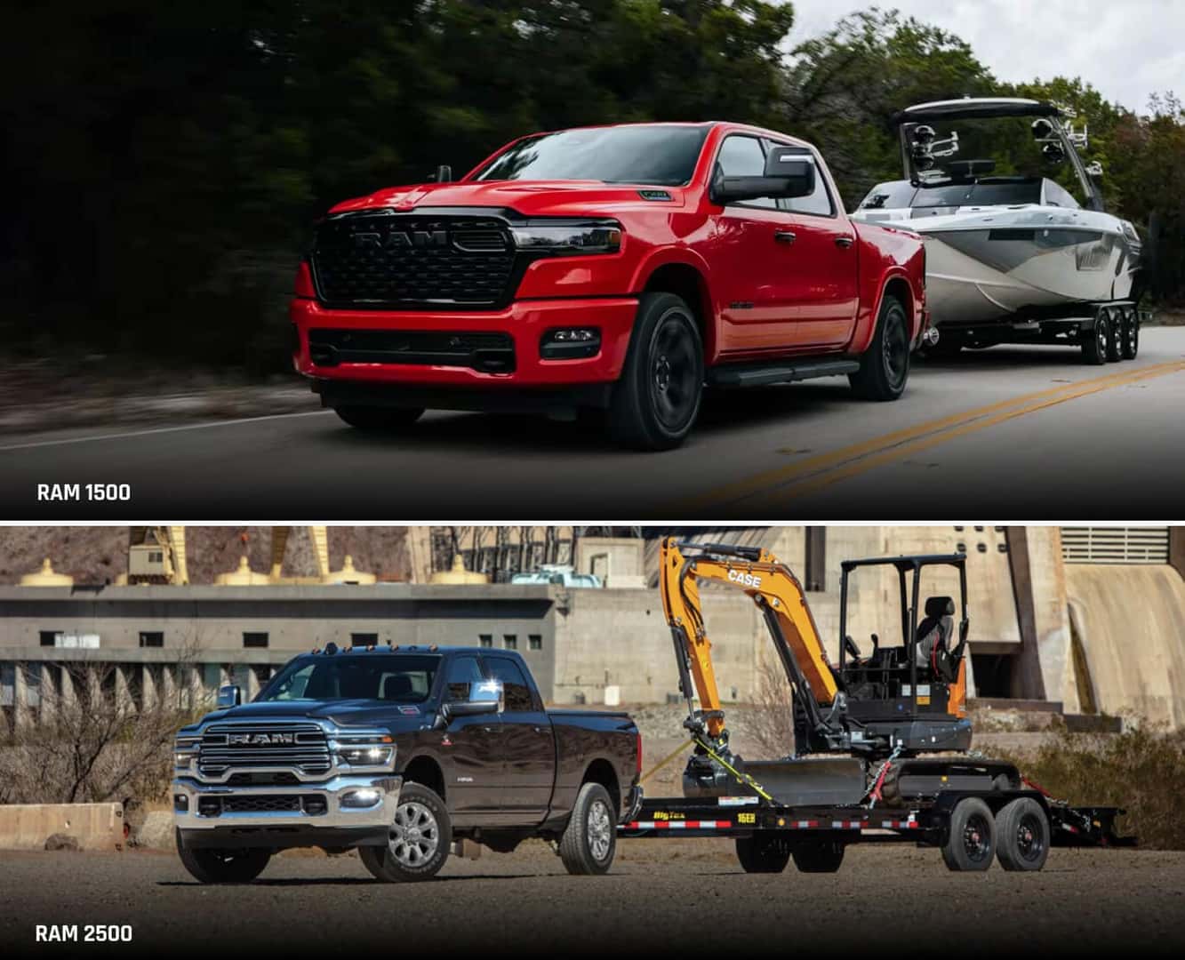 A red RAM 1500 tows a boat down a highway. A black RAM 2500 tows a flatbed trailer holding an excavator on a worksite.