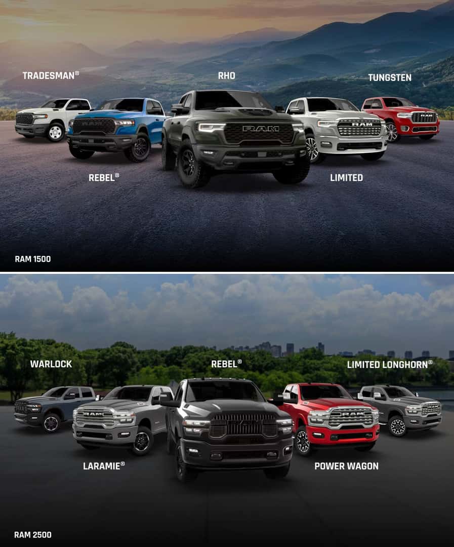 Side by side comparisons of several RAM 1500 and RAM 2500 trim levels.