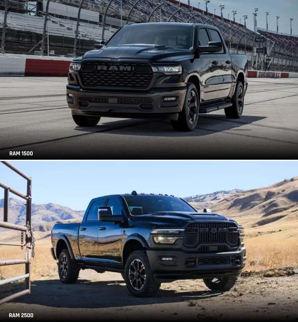 A black RAM 1500 drives on a raceway. A Black RAM 2500 parked near an open ranch door in an open field.