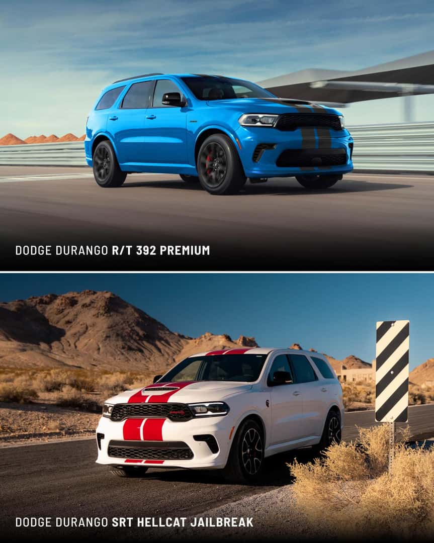 Split view of a blue 2027 Dodge Durango R/T 392 on a track and a white SRT Hellcat in the desert.