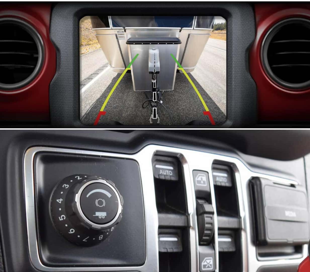 Close-up detail shots of Jeep Gladiator rear camera screen and trailer brake controller.