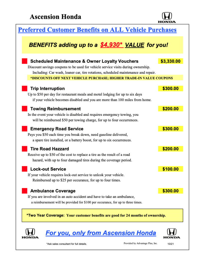 Ascension Honda Loyalty Advantage Benefits | Gonzales, LA