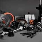 New car wheels and filters on a gray background. Parts closeup on a gray background