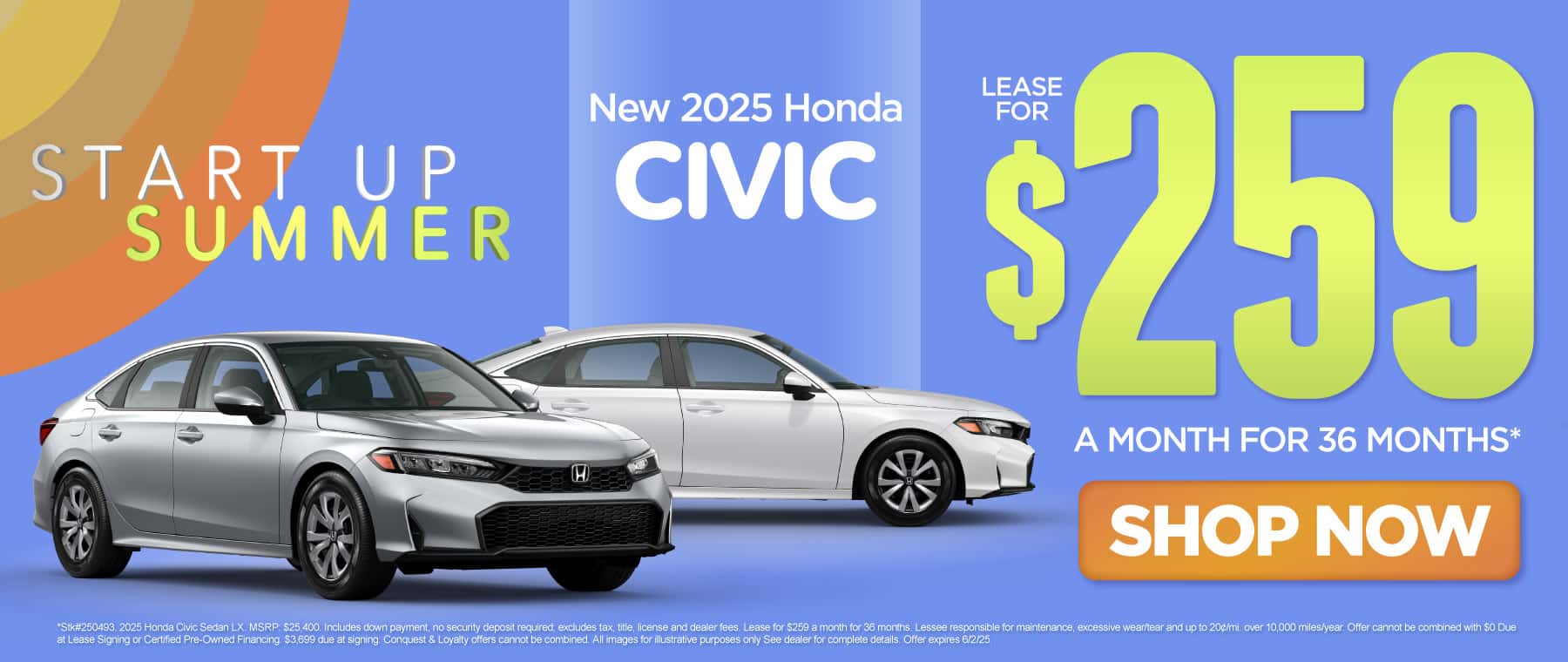 2025 Honda Civic $259/mo for 36 mo