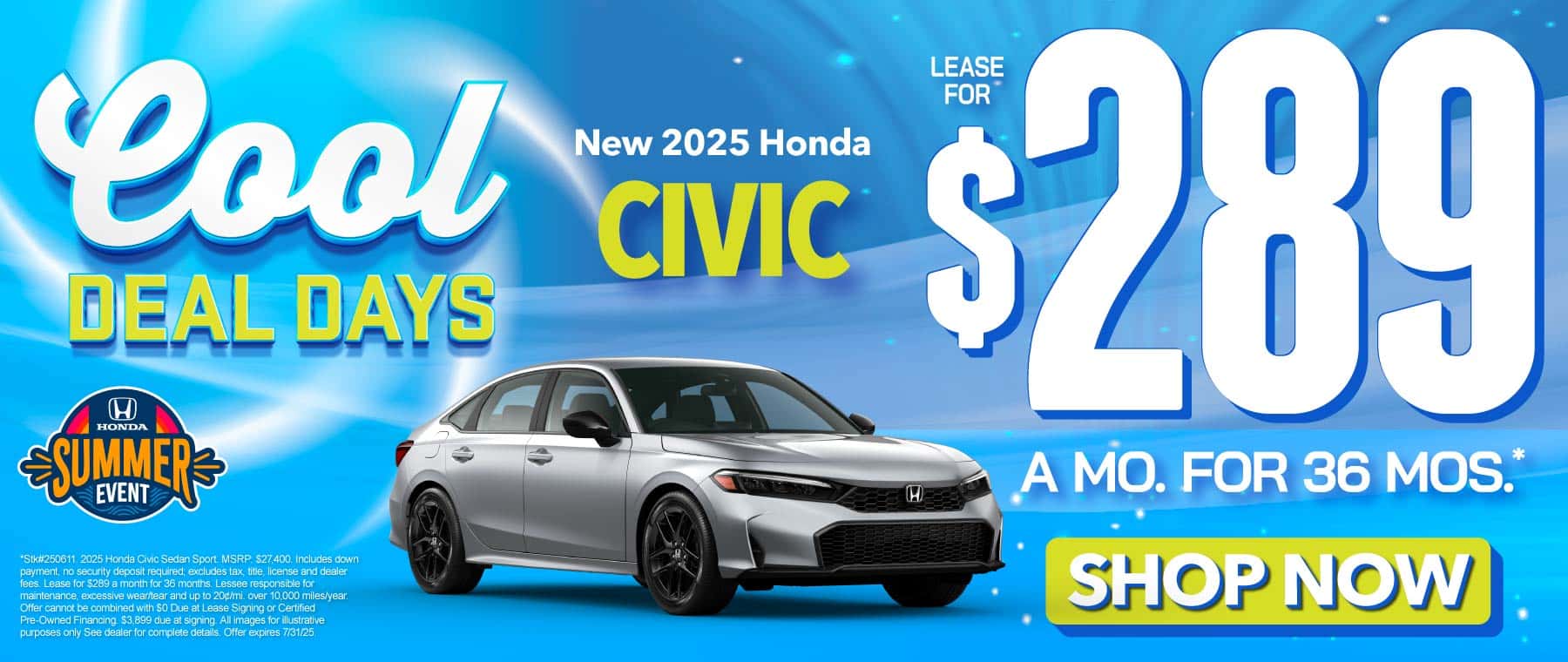 2025 Honda Civic $289/mo for 36 mo