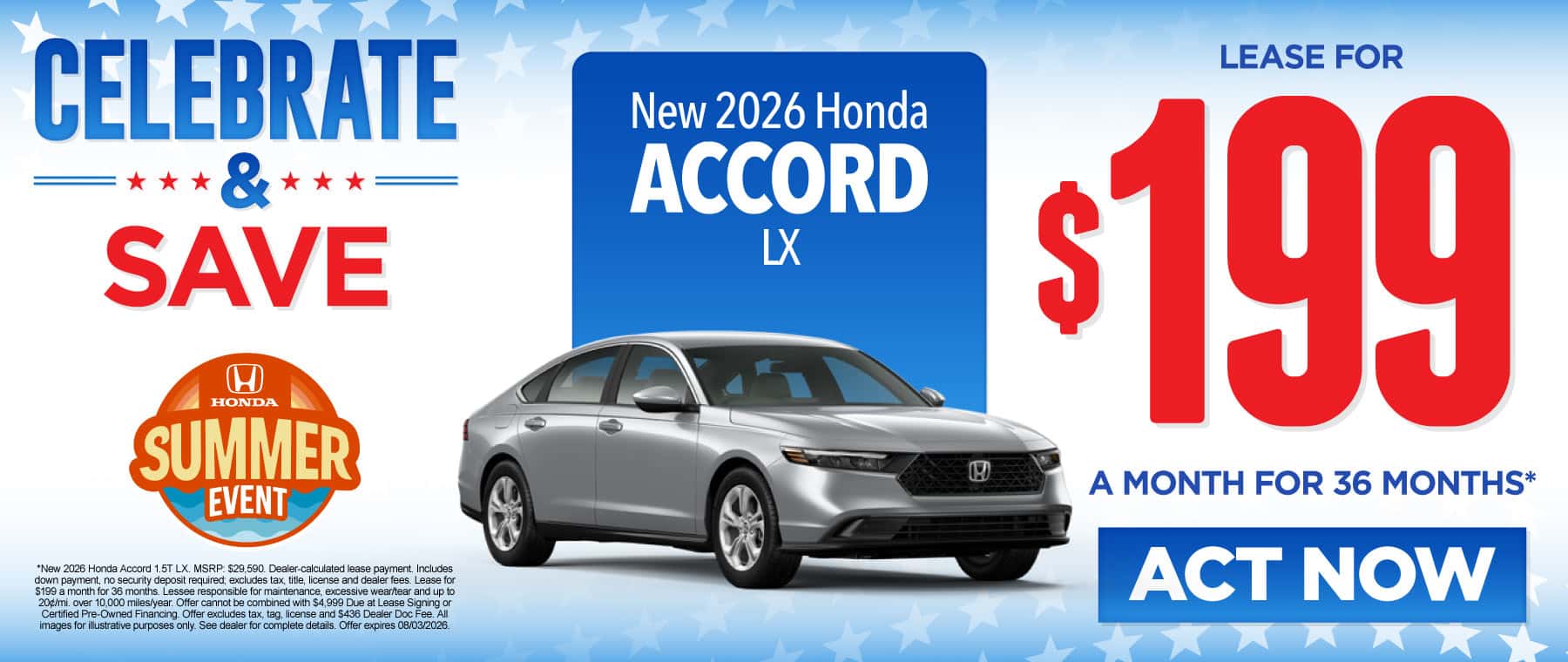 New 2026 Honda Accord LX Lease for $199/mo for 36 mo*