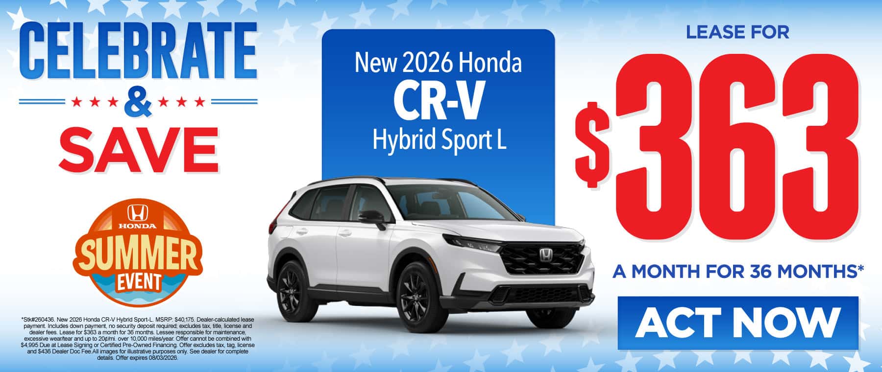 New 2026 Honda CR-V Hybrid Sport L Lease for $363/mo for 36 mo*