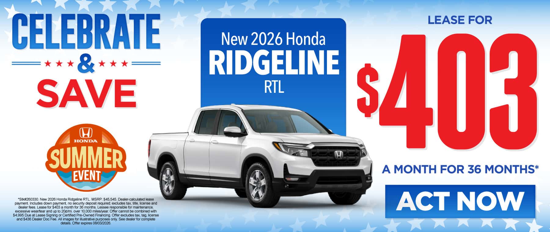 New 2026 Honda Ridgeline RTL Lease for $403/mo for 36 mo*