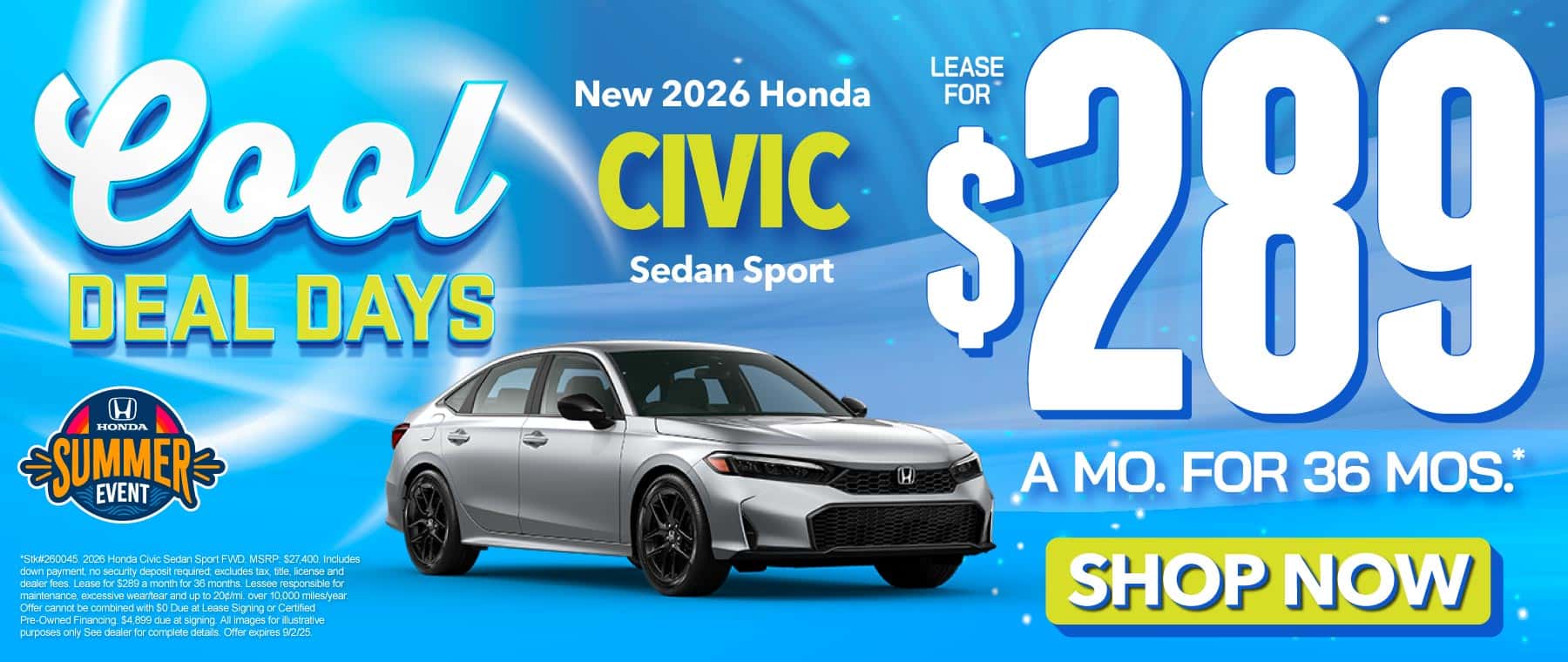 2026 Honda Civic Sedan Sport $289/mo for 36 mo