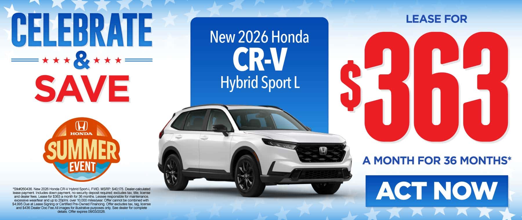 New 2026 Honda CR-V Hybrid Sport L Lease for $363/mo for 36 mo*