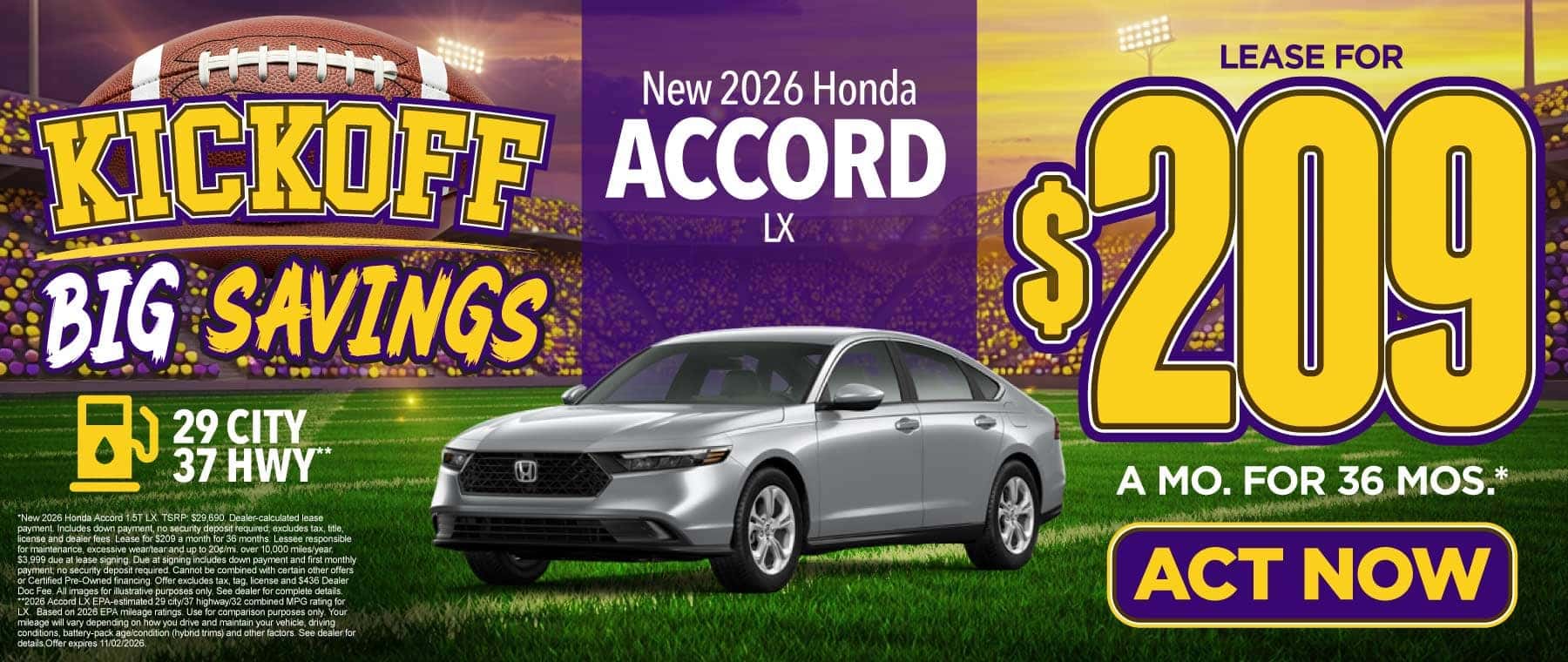 New 2026 Honda Accord LX "Lease for $209/mo for 36 mo* 29 city / 37 hwy**"