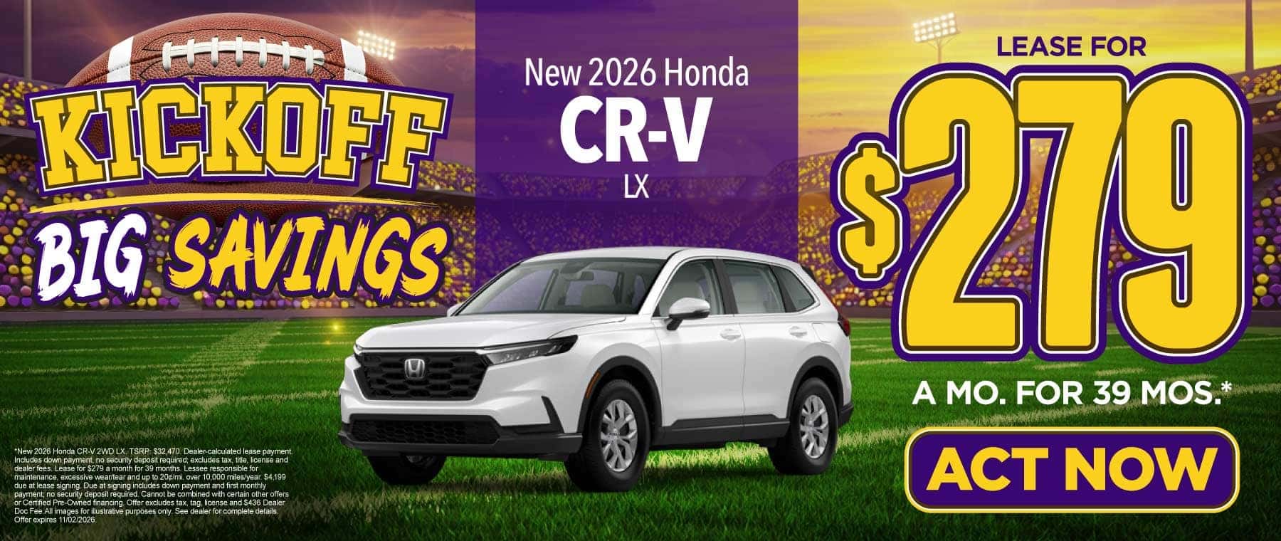 New 2026 Honda CR-V LX Lease for $279/mo for 39 mo*
