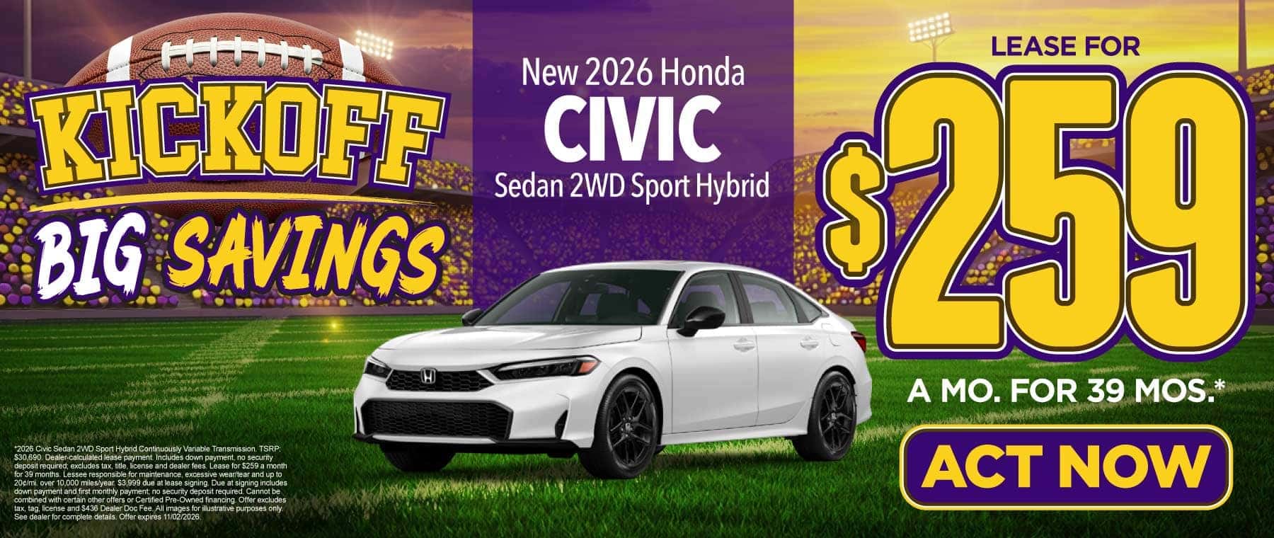 New 2026 Honda Civic Sedan 2WD Sport Hybrid Lease for $259/mo for 39 mo*