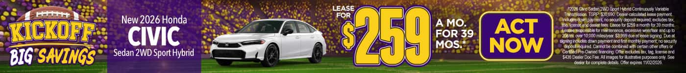 New 2026 Honda Civic Sedan 2WD Sport Hybrid Lease for $259/mo for 39 mo*