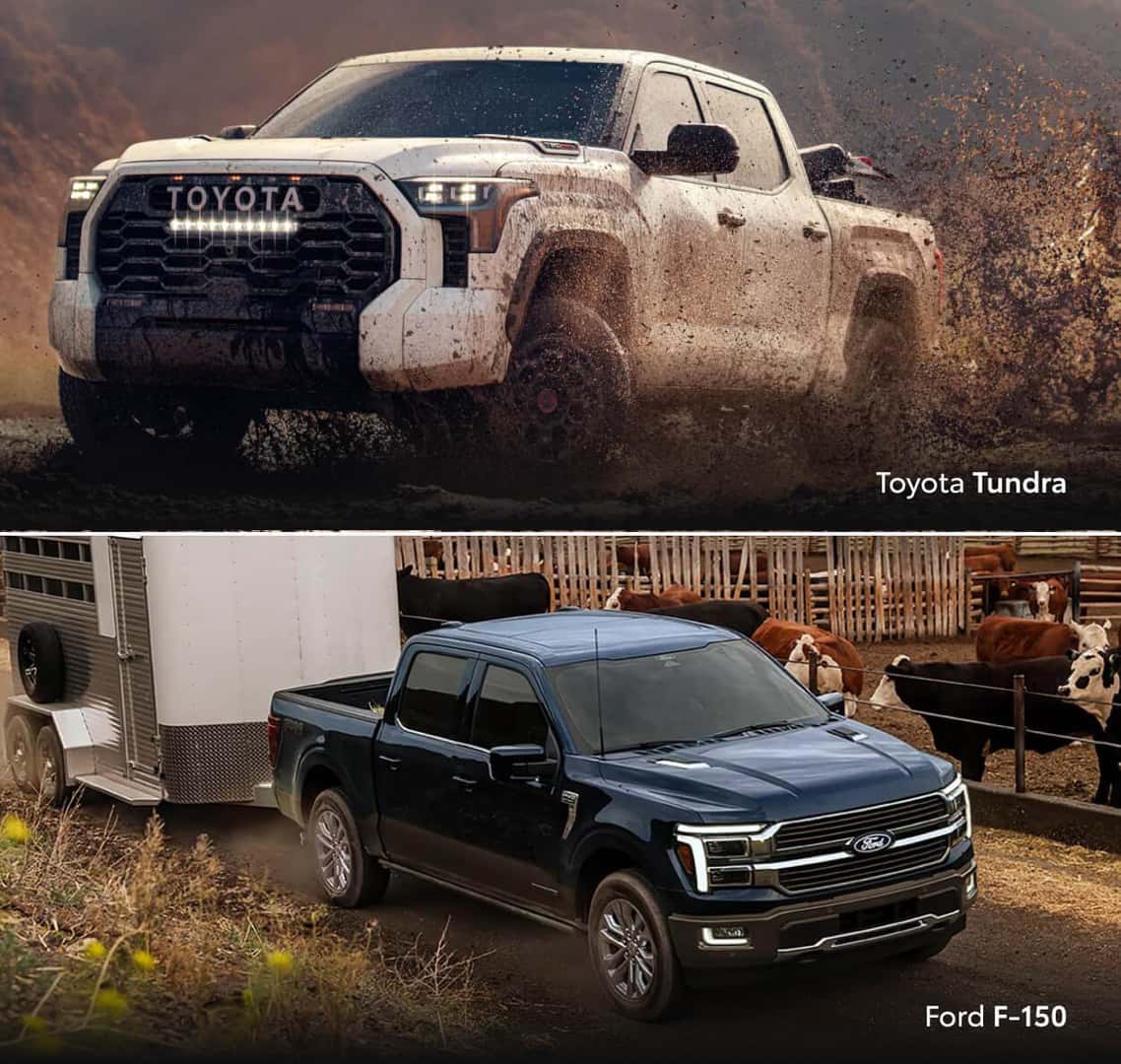 Close-up of the engines of the 2026 Toyota Tundra and Ford F-150, highlighting their advanced powertrains and mechanical engineering