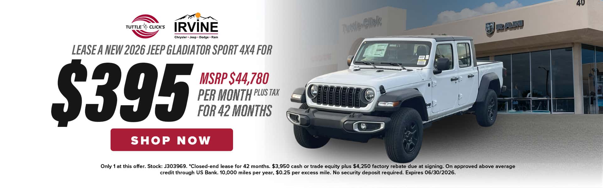 2026 Jeep Gladiator Sport 4x4 lease special at Tuttle-Click Irvine Chrysler Dodge Jeep Ram in Irvine California.