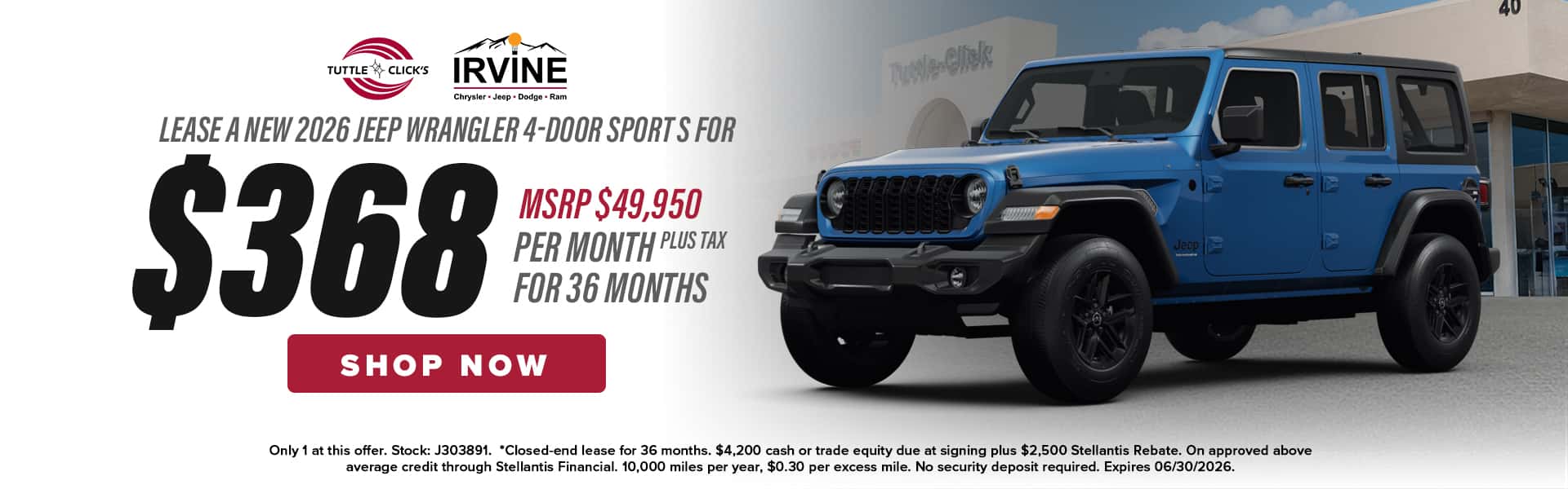 Blue 2026 Jeep Wrangler 4-Door Sport S lease special at Tuttle-Click Irvine Chrysler Dodge Jeep Ram.