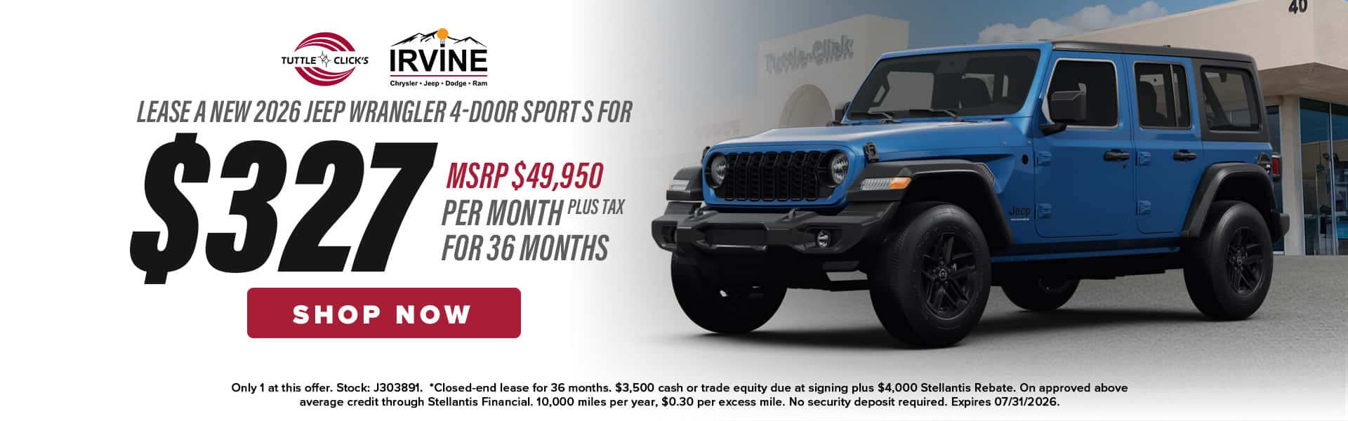 Blue 2026 Jeep Wrangler 4-Door Sport S lease special at Tuttle-Click Irvine Chrysler Dodge Jeep Ram.